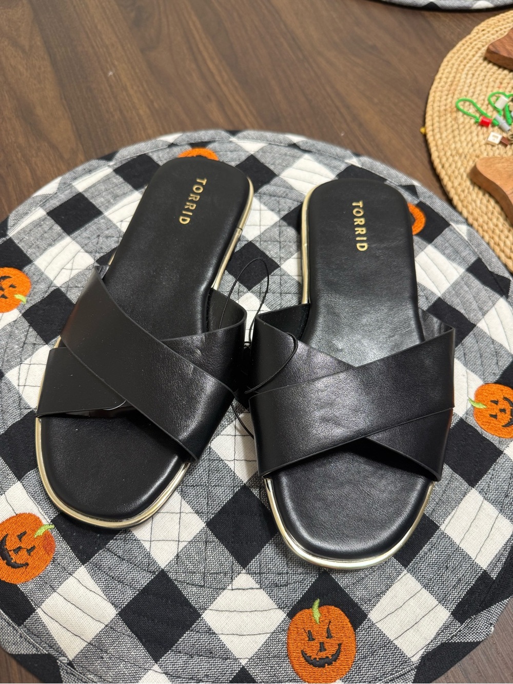 torrid Black Crisscross Slide Mules with Gold Trim